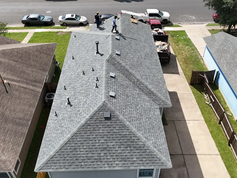 Aerial view of a freshly shingled roof