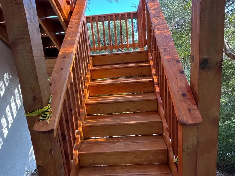 Stained cedar deck stairs